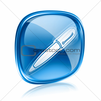 pen icon blue glass, isolated on white background.