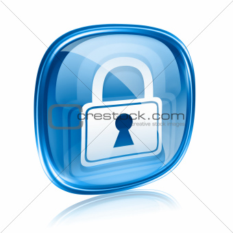 Lock icon blue glass, isolated on white background.