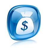 dollar icon blue glass, isolated on white background.