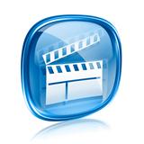 movie clapperboard icon blue glass, isolated on white background