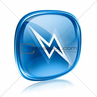 Lightning icon blue glass, isolated on white background.