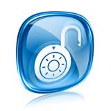 Lock on, icon blue glass, isolated on white background.