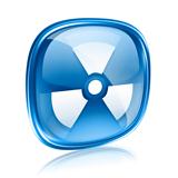 Radioactive icon blue glass, isolated on white background.