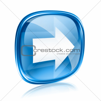 Arrow right icon blue glass, isolated on white background.
