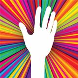 Hand silhouette on psychedelic colored abstract background. 