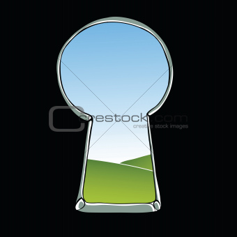 Keyhole illustration. View of landscape through keyhole. Vector.