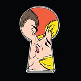 Peeping couple kiss through keyhole.
