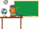 Owl Teacher in Classroom with Chalkboard Illustration
