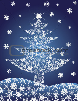 Christmas Tree Silhouette with Snowflakes Illustration
