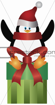 Penguin with Santa Hat on Present Illustration