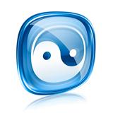 yin yang symbol icon blue glass, isolated on white background.
