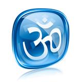 Om Symbol icon blue glass, isolated on white background.