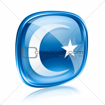 moon and star icon blue glass, isolated on white background.