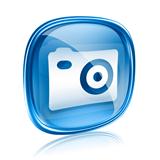 Camera icon blue glass, isolated on white background