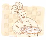 chef with pizza - doodle illustration