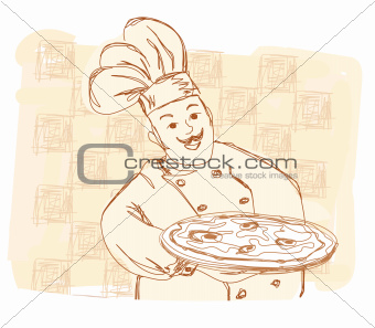 chef with pizza - doodle illustration