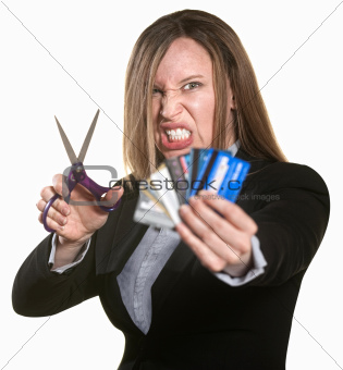 Woman With Credit Cards and Scissors