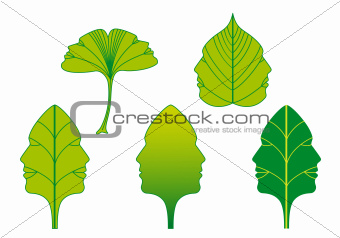 green leaves with faces, vector set