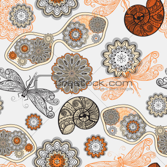 vector seamless pattern with sunglasses, flowers, shells,and dra