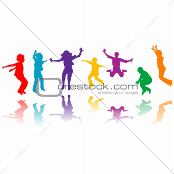 Group of hand drawn children silhouettes jumping
