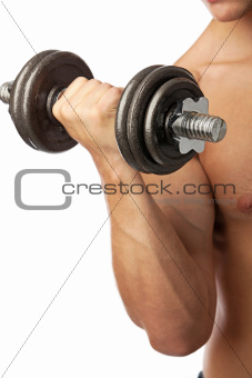 Cropped view of a muscular man lifting weights over white