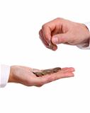 Male hand giving a euro coin to another person