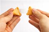 Fortune cookie being pulled apart with a blank fortune against a white background