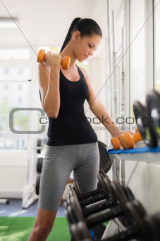 Young latina woman taking weights from rack in fitness club