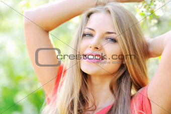 Sensual portrait of a spring woman, beautiful face female enjoyi