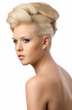 beautiful blonde woman with hair style turned of three quarters