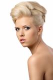 beautiful blonde woman with hair style with serious expression