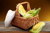 Corn on the cob and a linen napkin in a basket.