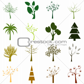 Set of trees isolated over white background