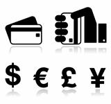 Payment methods icons set - credit card, by cash - currency.