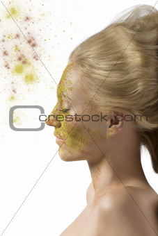 girl's face with crumbled makeup, turned in profile