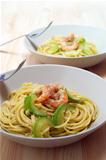 spaghetti pasta with fresh shrimps and zucchini sauce