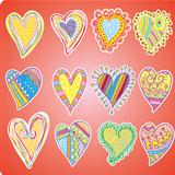 Twelve colored hearts