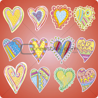 Twelve colored hearts