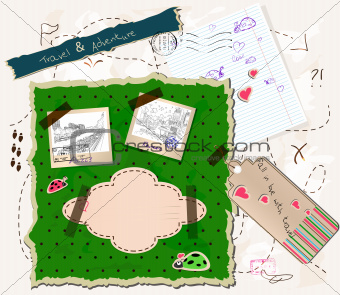 scrapbooking set with map, stamps and photo frames.