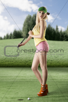 sexy golf player woman with golf club on her shoulder