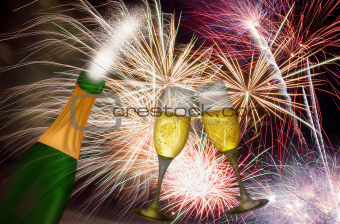 Champagne Toast with Fireworks Background
