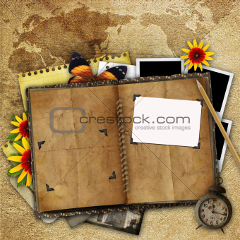 antique background with the old map, open book and a clock 
