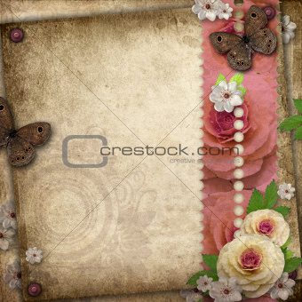 Vintage background with butterfly  and roses for congratulations