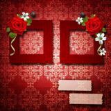 Red frames with roses over vintage wallpaper 