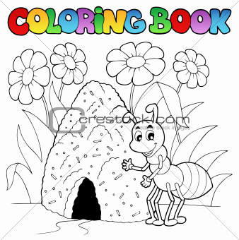Coloring book ant near anthill