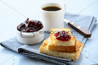 breakfast with toast and cherry jam