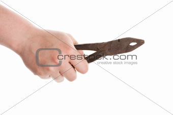 Female hand holding old pliers