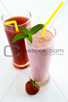 strawberry cocktail and juice with mint leaves, straw, fresh str