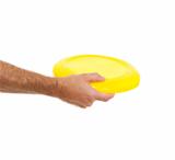 Closeup on flying disc in male hand isolated on white