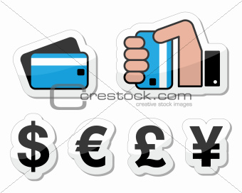 Shopping, payment methods, currency icons